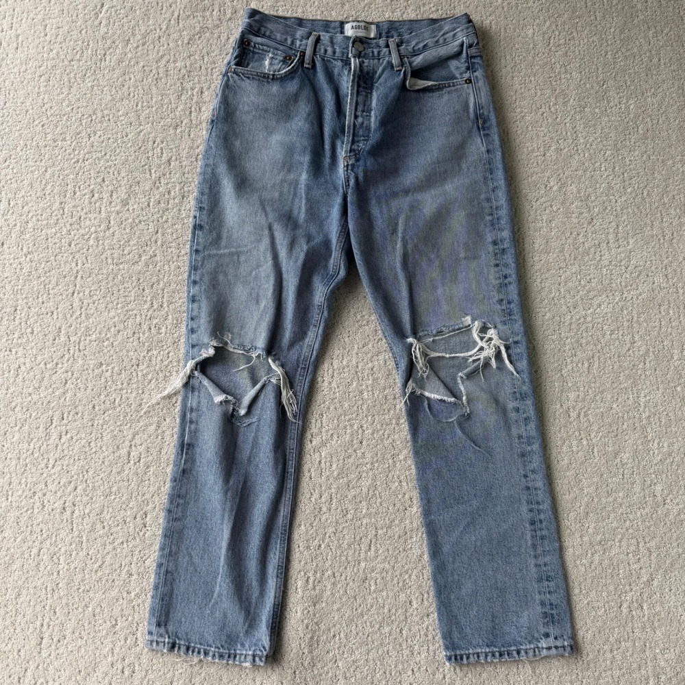 AGOLDE Riley Ripped Knee Jeans Size 27 Light Wash Distressed Denim